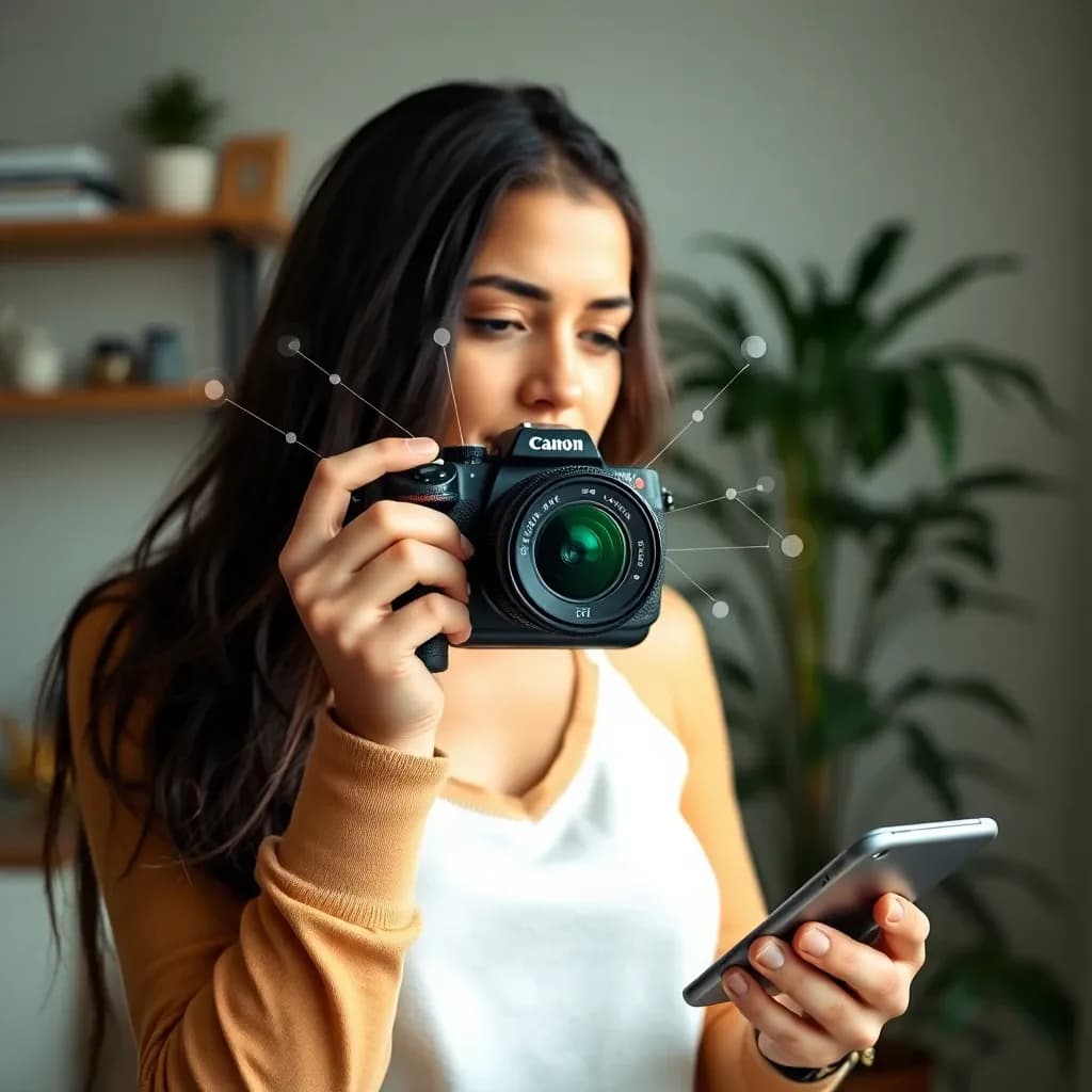 3 formas de utilizar IA en mi casa: mujer usando inteligencia artificial en el hogar con dispositivos inteligentes